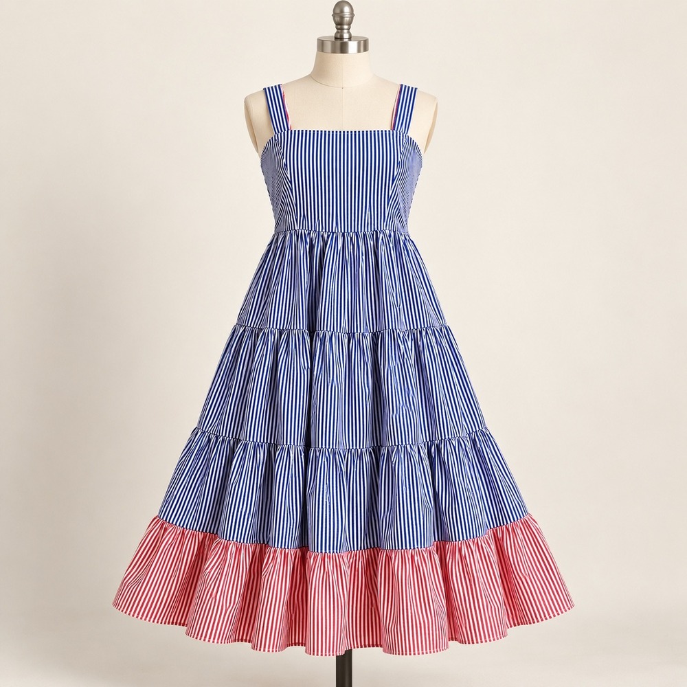 Rare Editions Girls 14 Red Blue White Striped Tiered Maxi Dress S490279